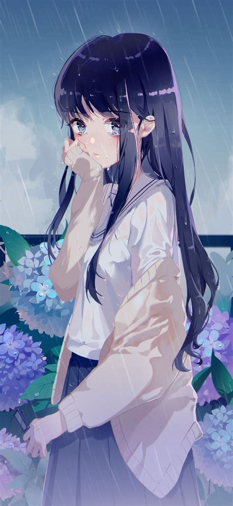 Download 1125x2436 Anime Girl Raining Flowers Black Hair Tears