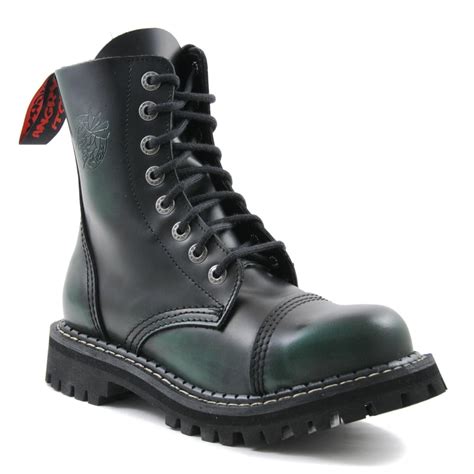 angry itch 8 hole punk green rub off leather combat boots ranger steel toe side