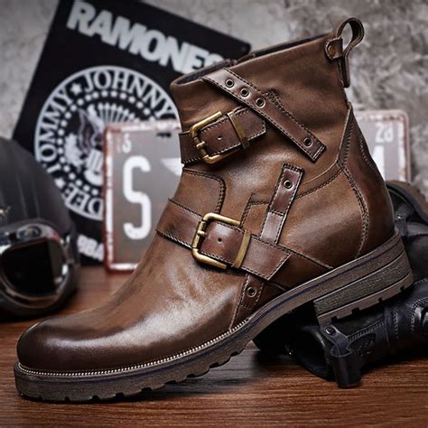 Men Vintage Genuine Leather Buckle Cowboy Ankle Boots Streetwearlooks