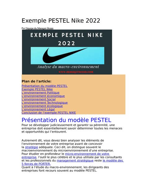 Pestel Nike 2022 Exercice aidant à comprendre comment fonctionne le