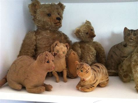 19th C Grouping Of Cloth Cats And Bears Mohair Teddy Bear Antique