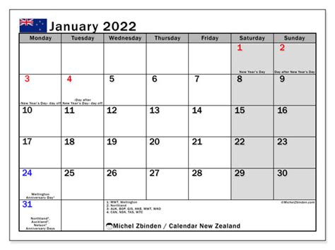 Calendar “new Zealand” Printing January 2022 Michel Zbinden En