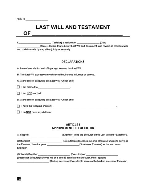 Free Last Will And Testament Form Printable Pdf And Word