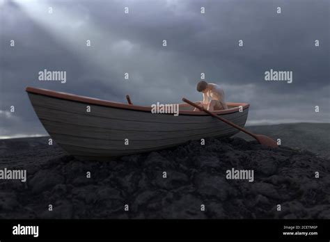 The Lost Man In The Boat Is Stranded Stock Photo Alamy