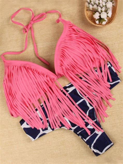 Halter Fringe Color Block Printed Bikini Tassel Bikini Set Bikinis Swimwear