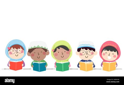 Illustration Of Muslim Kids Wearing Hijab And Taqiyah Reading A Book In