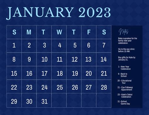 Blue January 2023 Calendar Template In Psd Illustrator Word