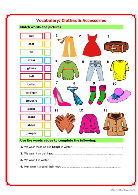 Vocabulary Clothes And Accessories English Esl Worksheets Pdf And Doc