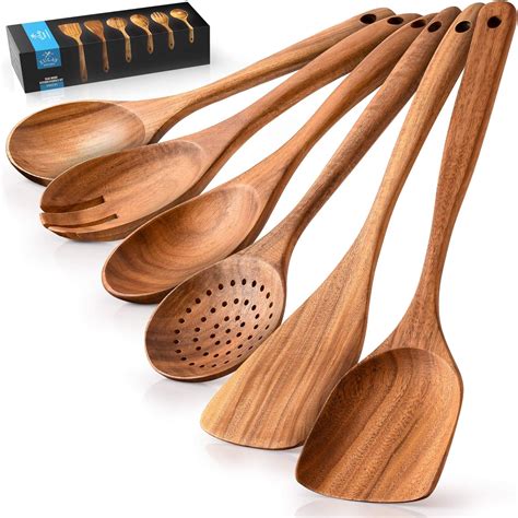 Zulay Kitchen 6 Pc Set Wooden Utensils For Cooking Non Stick Soft