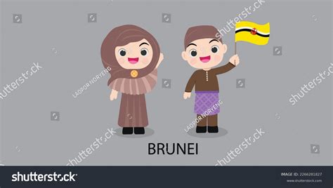 Brunei Boy Girl Traditional Costume Illustrational Stock Vector