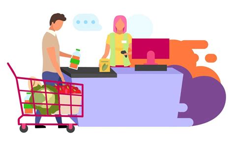 Shopping At Supermarket Flat Vector Illustration Grocery Store Cashier