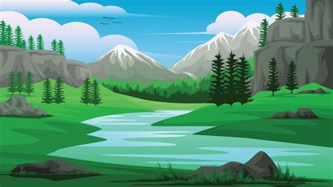 Illustration Of A View Of Stream Mountains Sky And Pine Forest 2531137