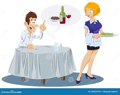 Man And Waitress In Cafe Funny People Stock Vector Illustration Of