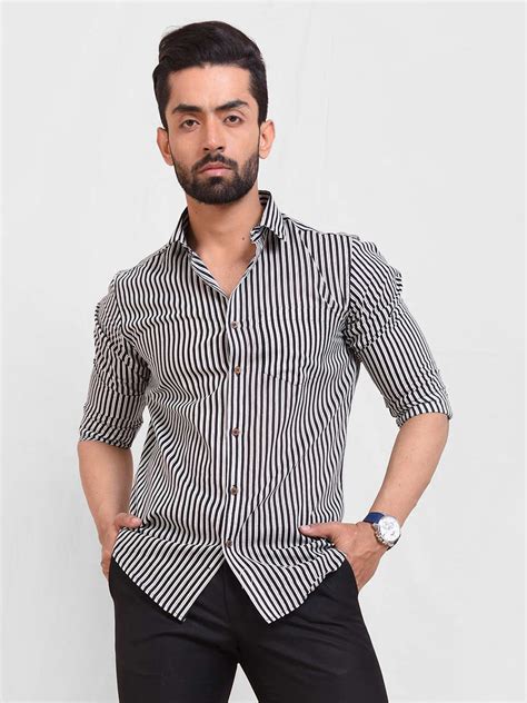 Buy Black And White Vertical Stripes Slim Fit Cotton Shirt For Men Online
