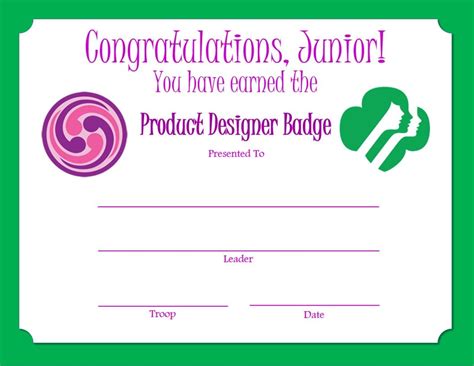 Junior Product Designer Badge Certificate Girl Scout Juniors Girl