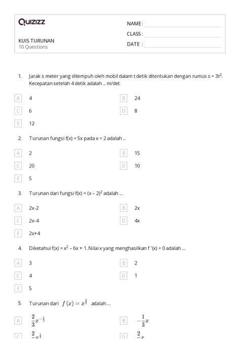 Lembar Kerja Turunan Untuk Kelas Di Quizizz Gratis Dapat Dicetak