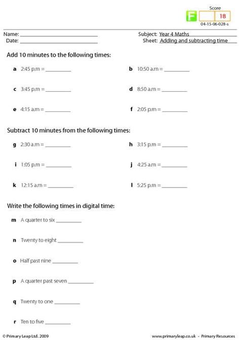 Maths worksheets adding and subtracting time