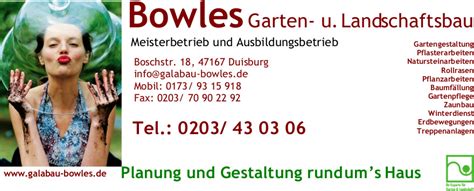 In duisburg befinden sich insgesamt 36 gartenbauunternehmen zu dem thema landschaftsbau auf landschaftsbau.net. Garten- und Landschaftsbau Bowles, Meisterbetrieb in Duisburg