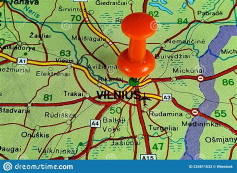 Red Pin On The Location On The Map Of The Vilnius City In Lithuania