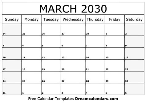 March 2030 Calendar Free Blank Printable With Holidays