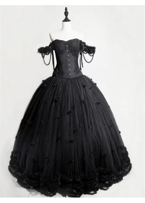 Black Gothic Flower Off The Shoulder Corset Prom Long Dress D1050 D