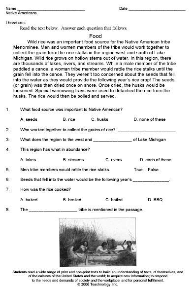 reading  questions worksheets native american
