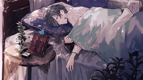 Download 2560x1440 Anime Boy Sleeping Books Shoujo