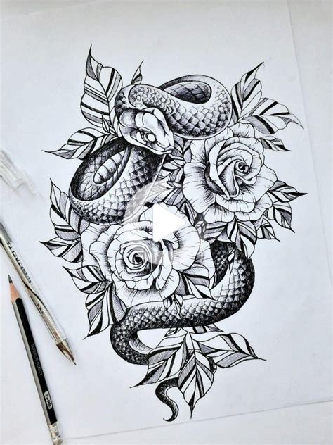 Sketch A Snake With Roses Is Depicted Made By Pen And Pencil My