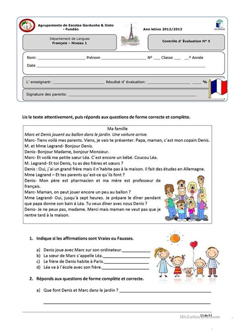 contrôle niveau 1 La famille et la maison French expressions