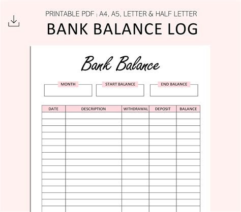 Design And Templates Paper Stationery Printable Bank Balance Log