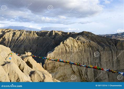 The Canyon Of Plateau With Flags In Tibet Stock Photo Image Of Karst
