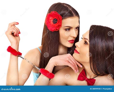 Sexy Lesbische Frauen Mit Den Handschellen Im Erotischen Spiel