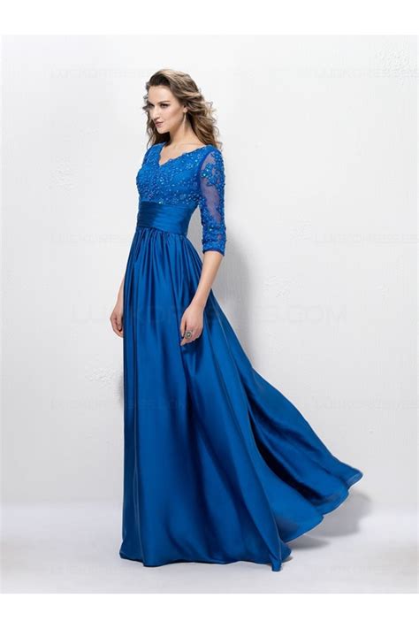 A Line Long Blue V Neck 34 Length Sleeves Lace Mother Of The Bride