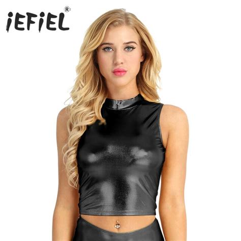 Aliexpress Com Buy Women Fashion Wet Look Caims Faux Leather Mock Neck Turtleneck Crop Tank