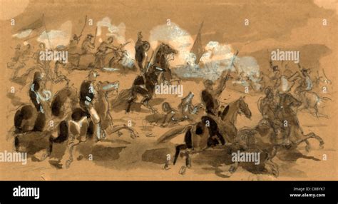 A Cavalry Charge During Usa Civil War Drawing On Brown Paper Between