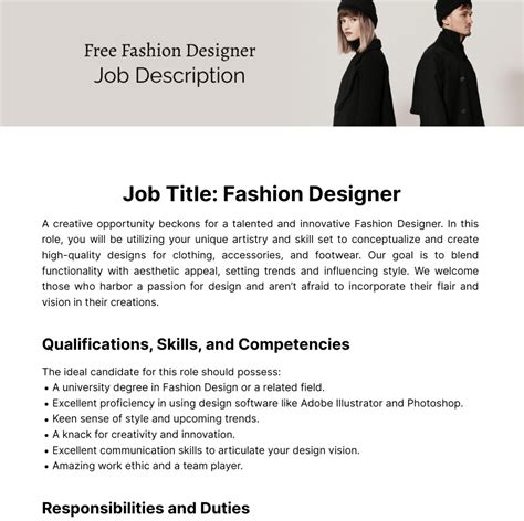 Free Fashion Designer Job Description Edit Online And Download