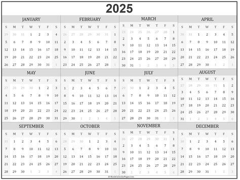 2025 Year Calendar Yearly Printable