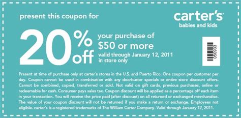 Carters Printable 20 Off Coupon Or 10 Off Online Promo Code Stock