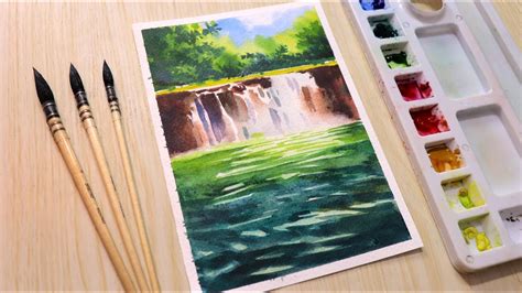 Watercolor Painting Tutorial Beautiful Waterfall Landscape Step By Step