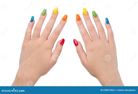 colorful nails rainbow colors manicure woman hands after nail salon glossy nail polish gel