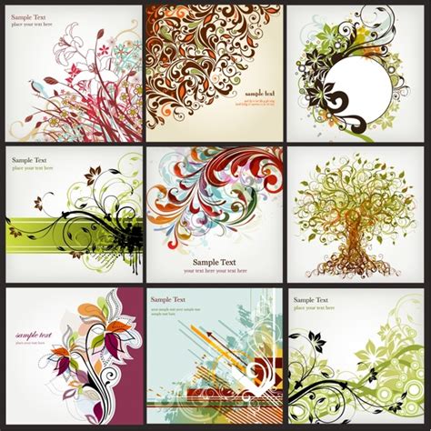 Card Templates Collection Flowers Tree Icons Classical Curves Vectors