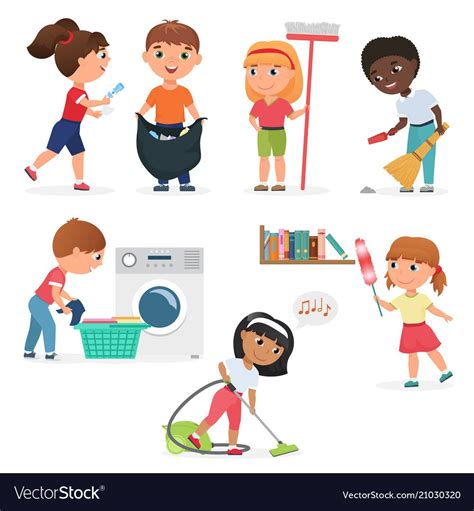 House cleaning advertisement, cleaner cleaning housekeeping maid service, cleaning tools. Vector Cartoon kids cleaning at home set. Children in ...