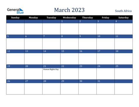 March 2023 Calendar With South Africa Holidays