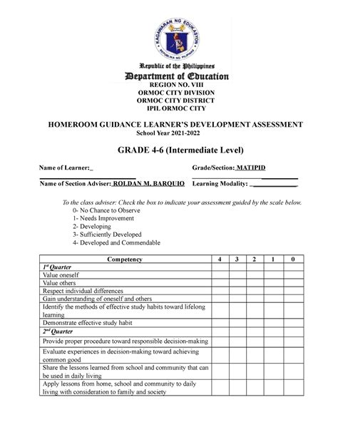 Homeroom Guidance Learners Development Assessment Grade 4 6