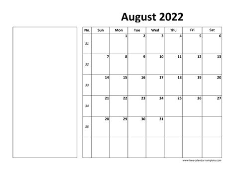 Printable August 2022 Calendar Box And Lines For Notes Free