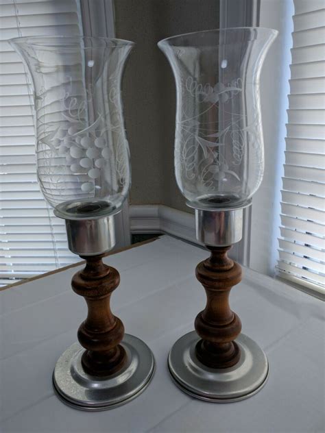 Set 2 Vintage Fancy Grape Etched Glass Hurricane Candle Lamp Shade