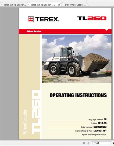 Terex Wheel Loader Tl260 Series Tl02600135 Parts Catalog And Operating