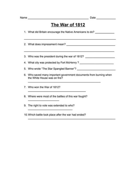 The War Of 1812 Worksheet Pdf