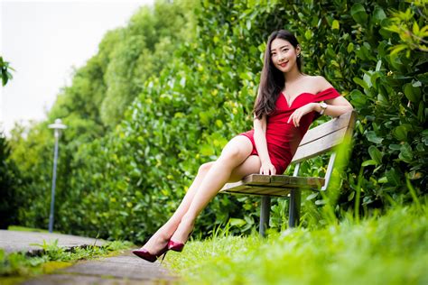asian legs bench women dark hair sitting women outdoors red heels smiling wallpaper resolution