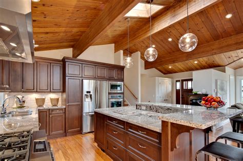 Open Concept Kitchen With Vaulted Wood Ceiling Transitional Kitchen Vancouver By My